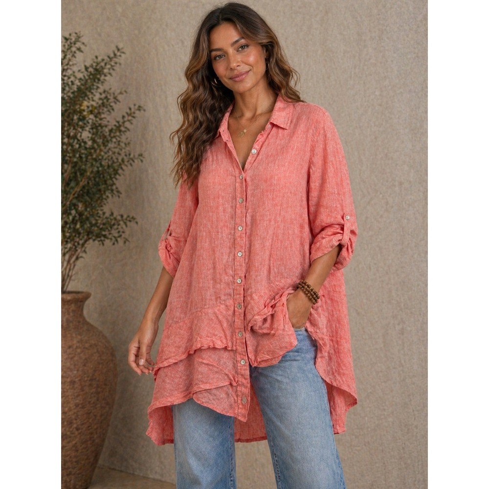 Finley 100%Linen Ruffle Hem Button Down Tunic  Made in USA Large Coral Pink